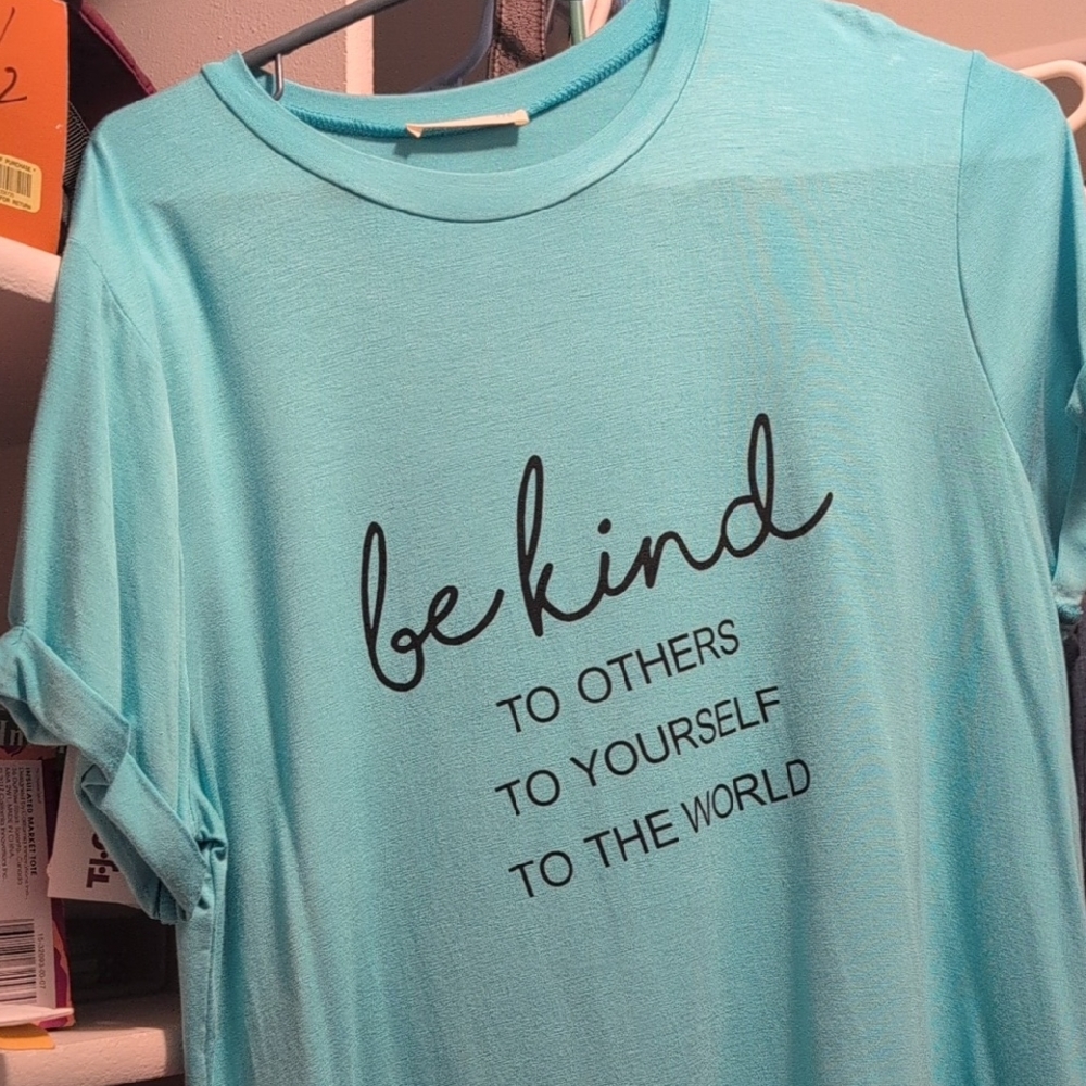 Blue Graphic Tee with 'Be Kind' Message